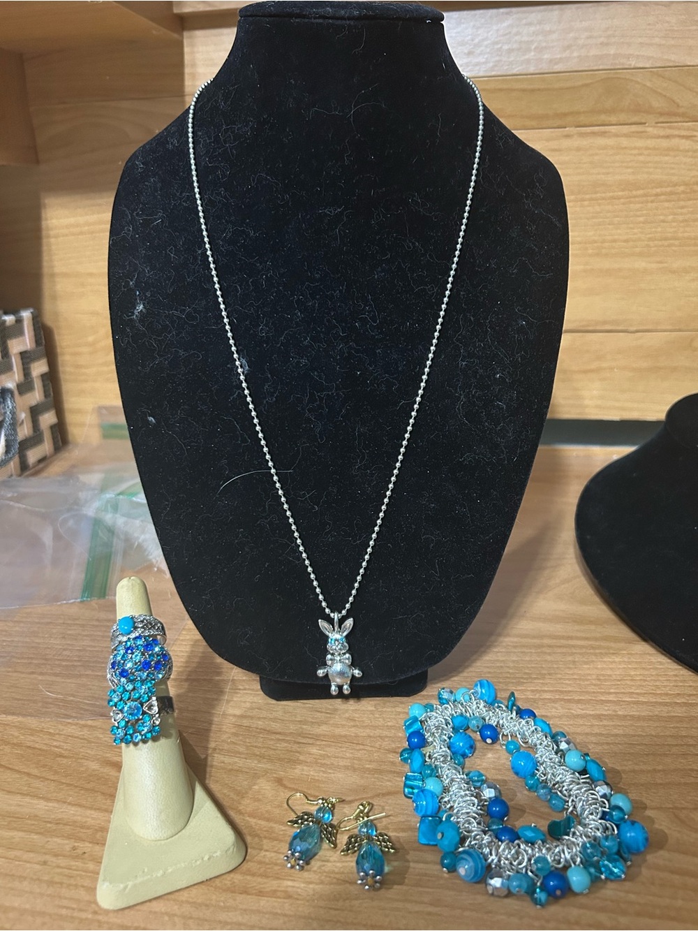 Blue jewelry lot with necklace, bracelet, earrings and rings